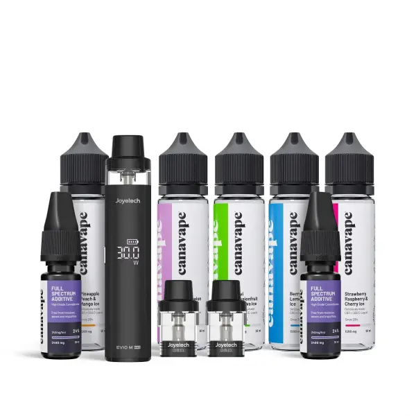 High Strength Broad Spectrum CBD Vape Pen Starter Kit – 3x CBD E Liquids + Additive & Pods